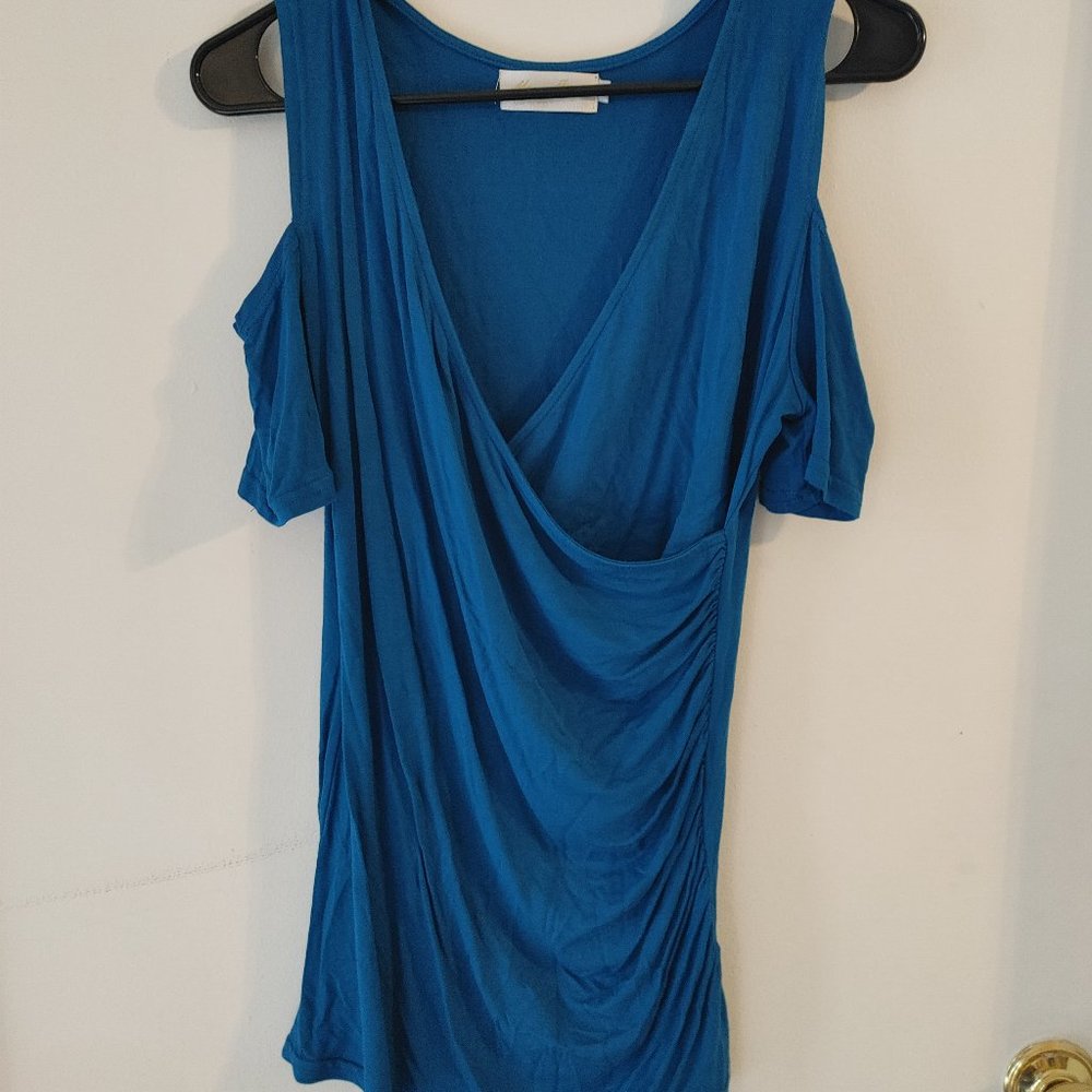 Blue Open Shoulder Silky Blouse
